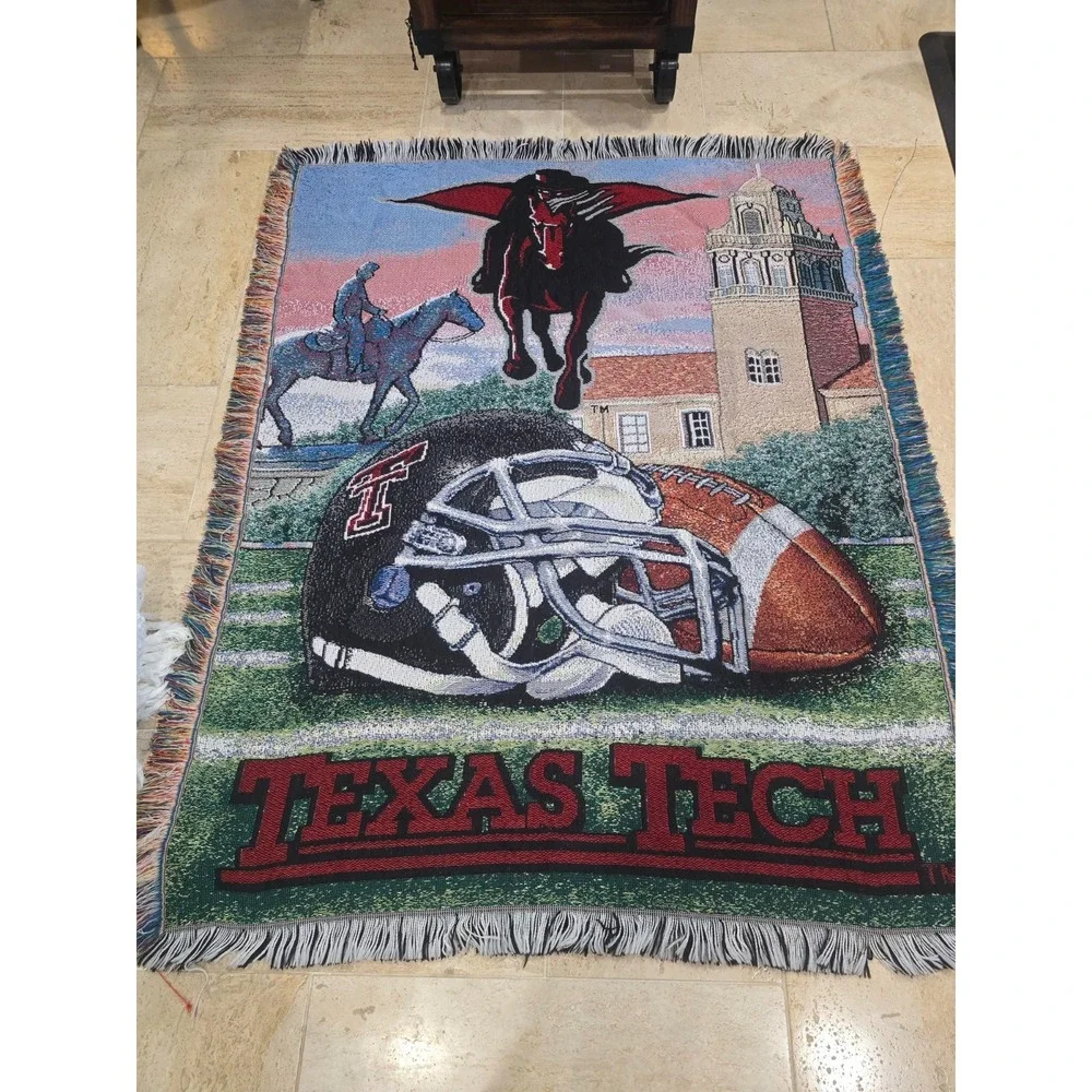 Vtg Texas Tech University Tapestry Blanket Masked Rider Football Campus‎ 48